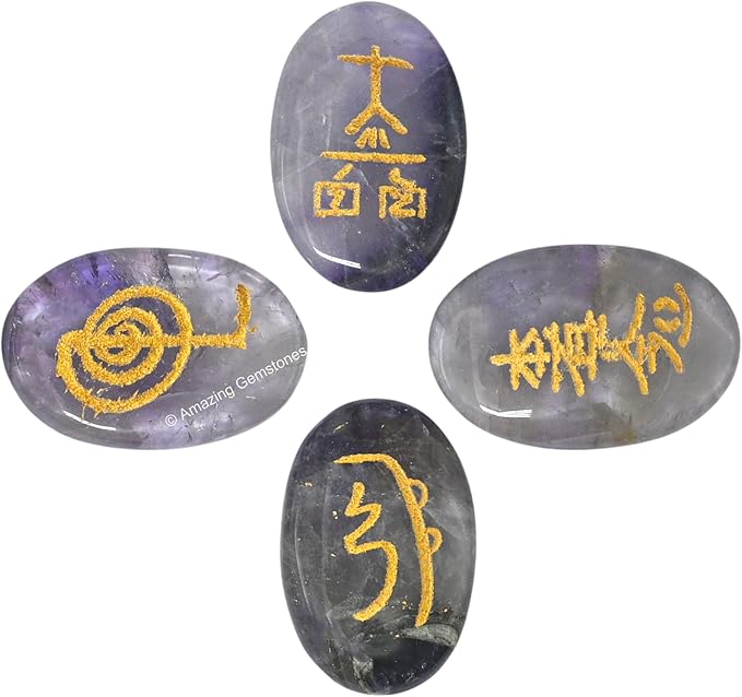 Amazing Gemstone Amethyst Crystal Reiki Stones with Engraved Symbols for Usui Reiki Healing, Set of 4 Pcs (Indian Handmade Reiki Gift Set)
