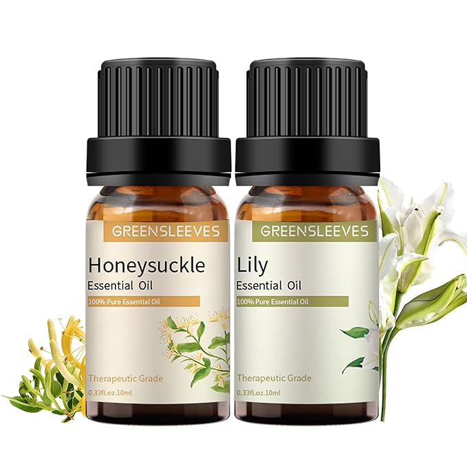 GREENSLEEVES Honeysuckle Lily Essential Oil Set, 2 x 10ml Pure Plant-Based Fragrance Oil for Aromatherapy, Essential Oils for Diffuser, Massage, Bath Bomb, Scented Candle Soap Making