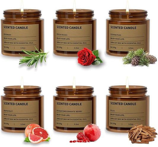 6 Pack Scented Candles Gifts for Women,3.5 Oz Amber Candles Set, 150 Hours Long Burning Soy Wax Candles Jar Aromatherapy Candles for Stress Relief, Birthdays, Weddings, Christmas Gifts, Yoga, Bath