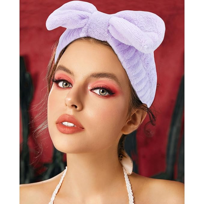 VELSCRUN Spa Headbands for Wash Face, Makeup Headband, Facial Skincare Headbands, 5 Pcs Purple Puffy Sponge Spa Headband Bow Tie Hair Band Hair Clips Wristband Set Women Girls Accessories