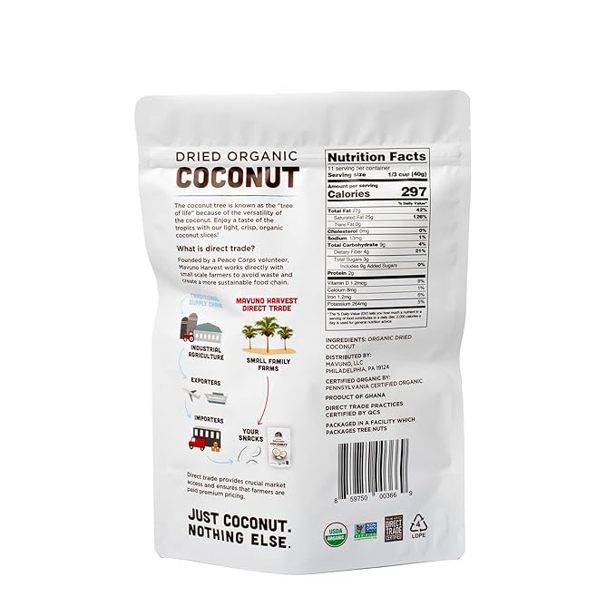 Mavuno Harvest Coconut Chips Dried Fruit Snack | Unsweetened Organic Dried Coconut Strips | Gluten Free Snack | Healthy Snacks for Kids & Adults | Vegan, Non GMO, Direct Trade | 1 Pound Resealable Bag