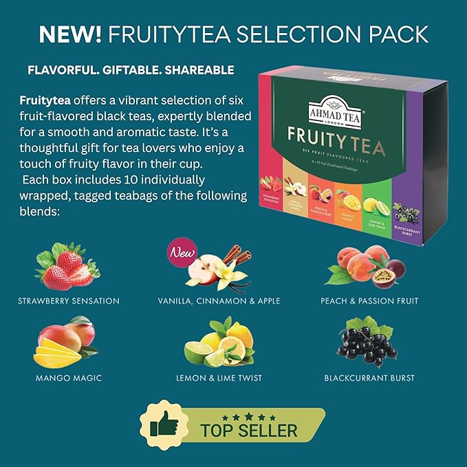 Ahmad Tea Black & Green Tea, Fruitytea Assorted Sampler Variety Gift Box, 60 Foil Teabags - Caffeinated & Sugar-Free