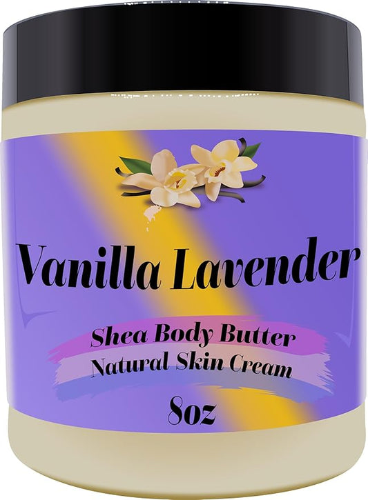 Ultra-Soft Shea Body Butter, Dry Skin Cream for Radiant Moisturized Skin, Natural Hydrating Body Lotion with Aloe Vera, Argan Oil, Rosehip Oil, (Vanilla Lavender, 8oz)