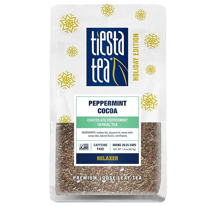 Tiesta Tea Cozy Peppermint Cocoa, Premium Loose Leaf Blends, Chocolate Peppermint Herbal Tea, Caffeine-Free, Holiday Blend, Holiday Edition, Hot or Iced Brew, Up to 25 Cups, 1.5oz Resealable Pouch
