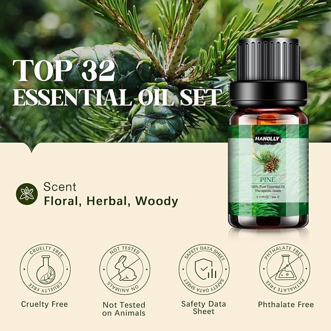 Essential Oils Set, Aromatherapy Essential Oil Kit for Diffuser, Humidifier, Massage, Skin Care (32 x 5ml) - Eucalyptus, Lavender, Tea Tree, Peppermint, Lemongrass, Frankincense, Cinnamon, Sandalwood