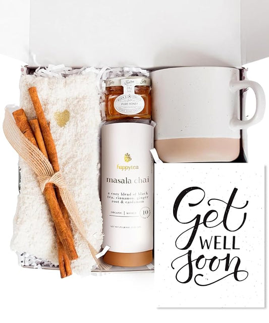 Unboxme Get Well Soon Comforting Gift Basket for Women - Soothing Self Care Box with Fluffy Socks, Ceramic Mug, Chai Tea, Honey & Cinnamon for Mom, Sister, Friends and Coworkers