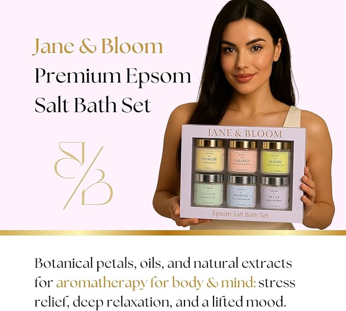 Epsom Salt Bath Gift Set – 6 Aromatherapy Blends with Essential Oils – Bath & Body Gift Set for Women, Stress Relief, Self Care, Birthday Gifts – Jane & Bloom