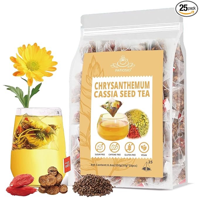 Chrysanthemum Cassia Seed & Burdock Goji Berry Tea, Kidneys & Liver Health Tea Bags, Liver Cleanse & Detox Chinese Herbal Tea, Vegan, Sugar-Free & Caffeine-Free (250g/10g x25pcs)