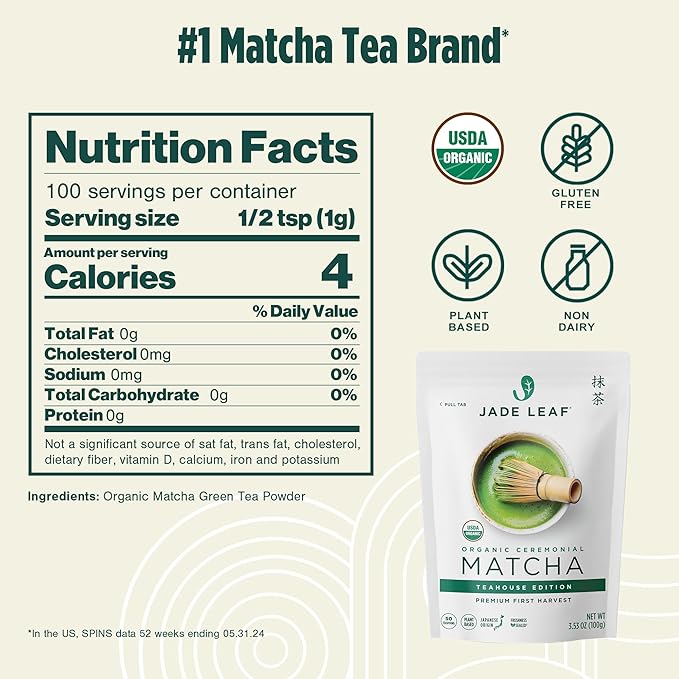 Jade Leaf Matcha Organic Green Tea Powder - Teahouse Edition - Premium First Harvest Ceremonial Grade - Authentic Japanese Origin (3.53 Ounce Pouch)