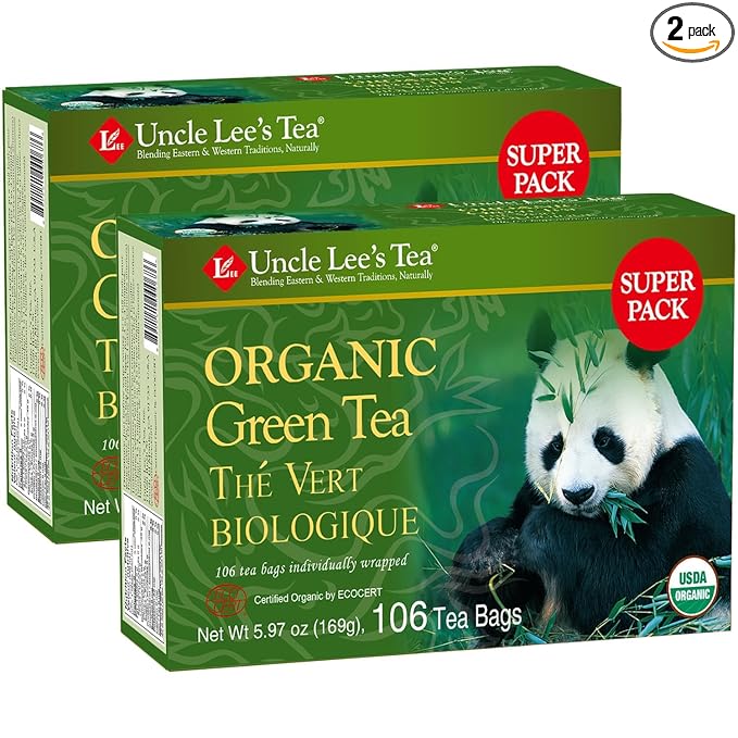 Uncle Lee's Organic Green Tea Bags 2-Pack, 106-Count Super Packs – Bright & Refreshing, Lightly Caffeinated Bulk Tea for Home, Office, Camping