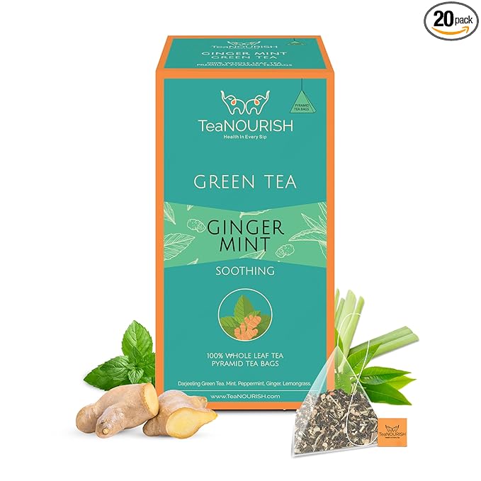 TeaNOURISH Ginger Mint Green Tea | 20 Count Pyramid Tea Bags | Relaxing & Calming | Premium Darjeeling Whole Leaf | Immune Support Tea for Daily Wellness
