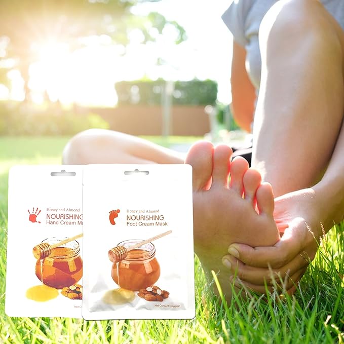 Elitzia Foot Mask Hand Mask Hydrating Honey Almond Extract Moisturizing 5 Pairs Gloves 5 Pairs Socks Masks Intensive Repairing Softening Masks Women Spa Dry Cracked Skin Care ETWHF