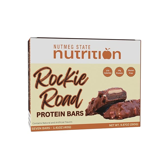 Nutmeg State Nutrition - High Protein Bars, Gluten Free, Low Calorie, Ideal Protein Compatible, 7 Servings Per Box (Rockie-Road)