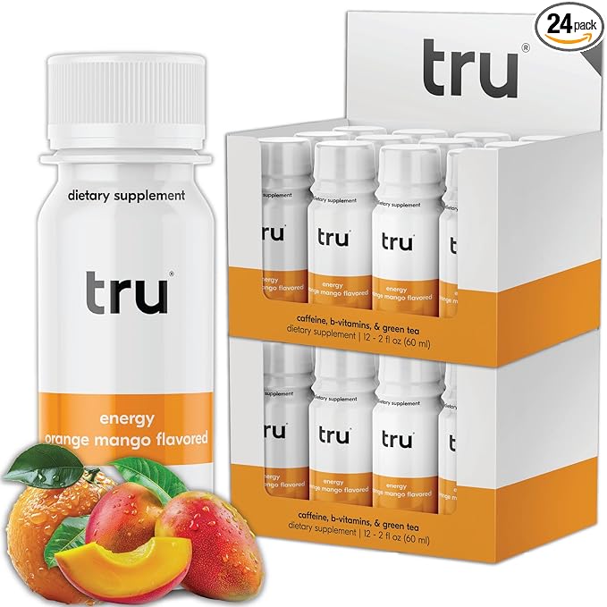 Tru Energy Shot, Orange Mango Flavored Extra Strength Energy Shots - Zero Sugar Energy Drink plus Vitamin B3, B6, B12, and Green Tea - Natural Caffeine, GF, Keto, Vegan Supplement, 2oz (Pack of 24)