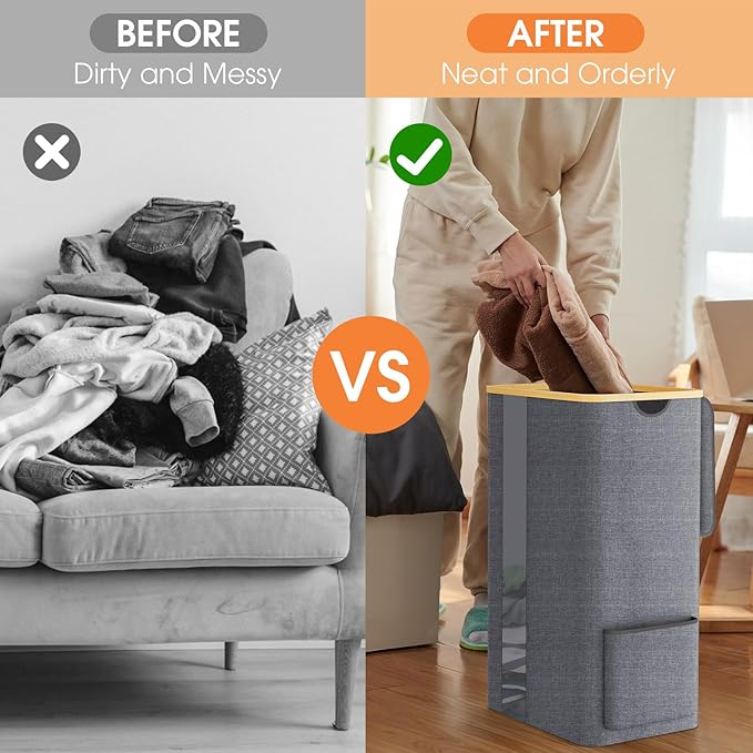 Laundry Basket Clothes Hamper with Lid and Pocket Large Collapsible Laundry Baskets with Handle, Freestanding Hampers for Bedroom Aesthetic, Dorm, Bathroom, Laundry Room (100L,Light Grey)