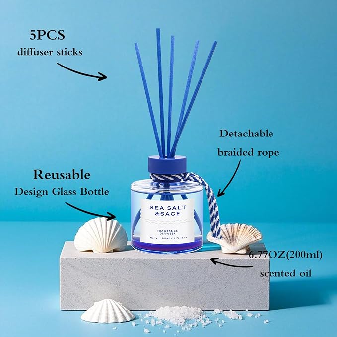 Sea Salt Reed Diffuser, 6.77OZ/200ML Large Capacity Natural Non-Toxic Oil, Long-Lasting Fragrance Reed Diffusers Set for Home and Bathroom, Aroma with 5 Reed Diffuser Sticks Gifts