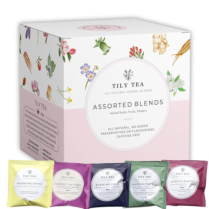 Tily Tea Assorted Herbal Tea Box - 5 Flavors of Caffeine-Free Tea - Morning Shine, Through the Day, Evening Calm, Perfect Pairing, Radiant Glow - 10 Plastic-Free Pyramid Tea Bags