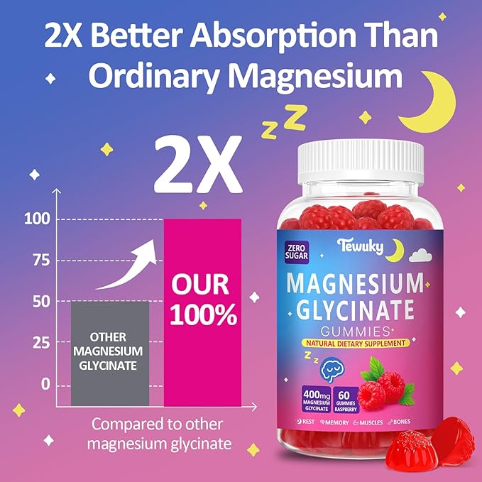 Magnesium Glycinate Gummies 400mg - Sugar Free Vegan Gummies for Adults & Kids with Vitamin D3, B6, C, CoQ10, Collagen, Zinc - Sleep, Muscle, Bone & Memory Support - 60 Raspberry Chewables / 2 Pack