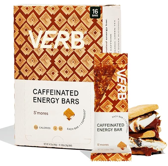Verb Caffeinated Energy Bars S'mores (26g, Pack of 16) 110-Calorie Delicious Low Sugar Energy Bar - Vegan Gluten Free On-the Go Snack with 80mg Green Tea Caffeine, Only Real-Food Ingredients