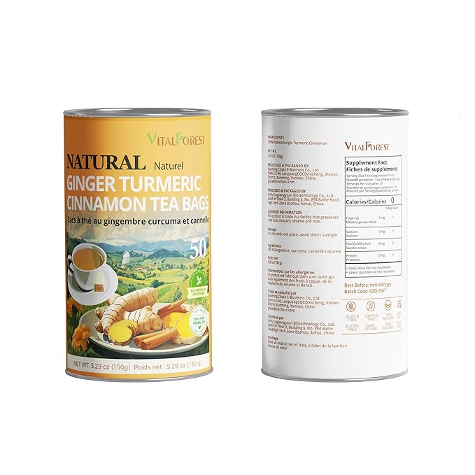50 Premium Turmeric Ginger Cinnamon Tea Bags| Vitalforest Natural Ginger Tea Bags| Pure Turmeric Tea| Herbal Cinnamon Tea| Supports Digestion, Caffeine Free