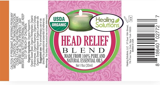 Healing Solutions Head Relief Organic Essential Oil Blend - 1 oz Essential Oils for Diffusers & Aromatherapy
