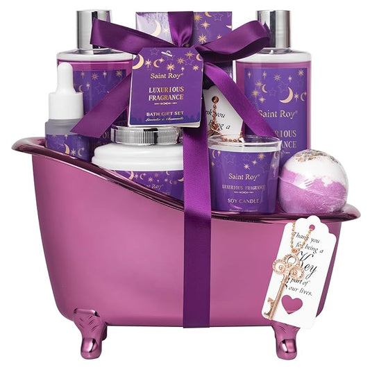 Bath Basket Spa Kit Spa Gifts for Women, Luxury Bath and Body Basket Set 10pcs Self Care Kit Lavender Scent Birthday Gifts Skin Care Set, Christmas Gifts for Women, Beauty kits Bridal Shower