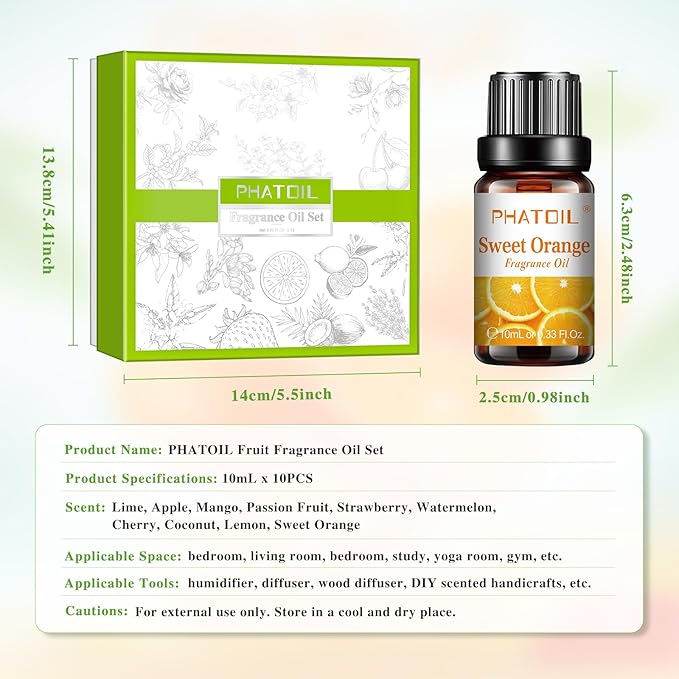 PHATOIL 10Pcs Fruity Fragrance Oil Set, Coconut, Cherry, Apple, Strawberry, Mango Candle Scents for Candle Making, Freshie Scents for DIY Soap Making, Diffuser Oil Scents Set