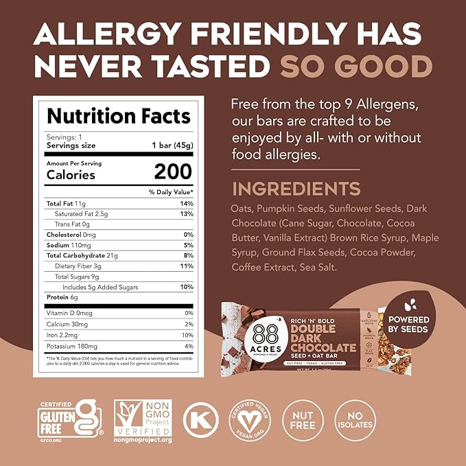 88 Acres Granola Bars | Double Dark Chocolate | Gluten Free, Nut-Free Oat and Seed Snack Bar | Vegan & Non GMO | 12 Pack