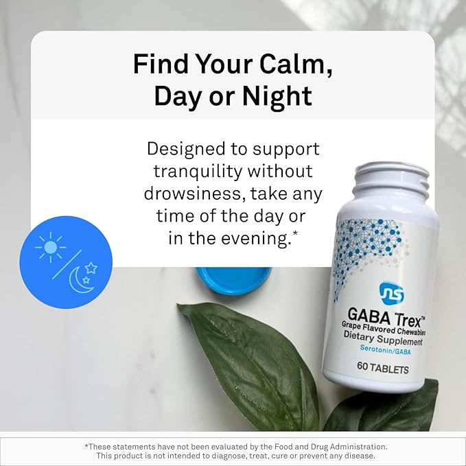 Neuorscience GABA Trex L Theanine Supplement - Calm Aid for Daytime Stress Support & Evening Relaxation - Chewable Grape-Flavored Tablets - Vegan & Non-GMO (60 Tablets)