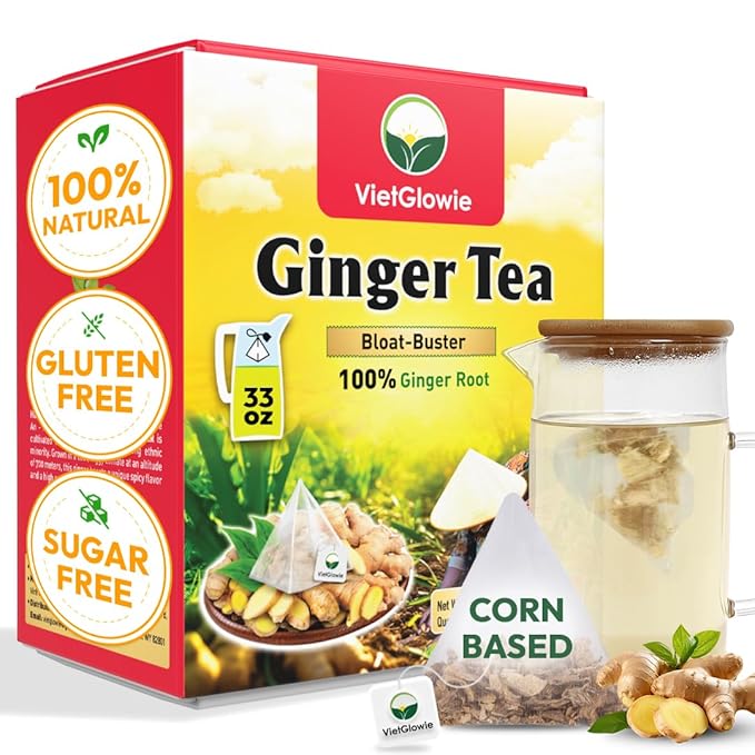 VietGlowie 30 Ginger Pyramid Tea Bags, 3.5g/bag to 33oz, Ginger Root Herbal Tea, Warm & Spicy, Support Digestion, Boost Immunity, 100% Natural, No Caffeine, Corn-Based Tea Bags