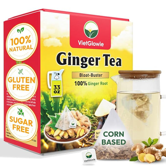 VietGlowie 30 Ginger Pyramid Tea Bags, 3.5g/bag to 33oz, Ginger Root Herbal Tea, Warm & Spicy, Support Digestion, Boost Immunity, 100% Natural, No Caffeine, Corn-Based Tea Bags