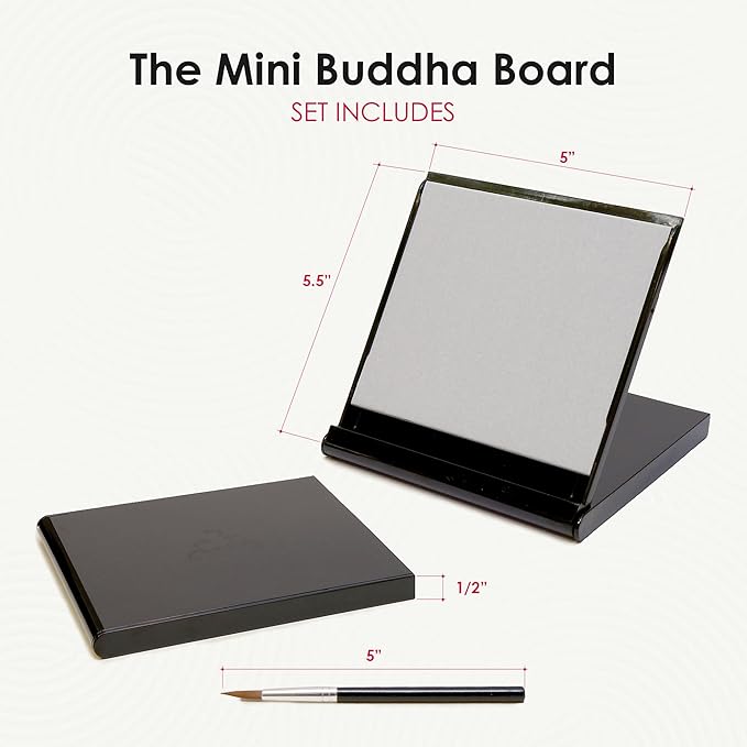 Mini Buddha Board Art Set: Water Drawing Writing Board w/ Mini Water Brush for Mindfulness & Meditation – Zen Based Drawing Board - Painting & Art Supplies – Ideal Relaxation Gifts (5” x 5”, Black)