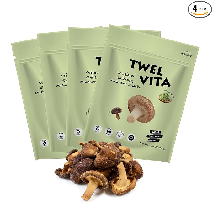 TwelVita Natural Baked Wasabi Shiitake Mushroom Crisps, Vegan Snacks, Clean Label, Non-GMO, Gluten-Free, 1.76 oz ea, Pack of 4