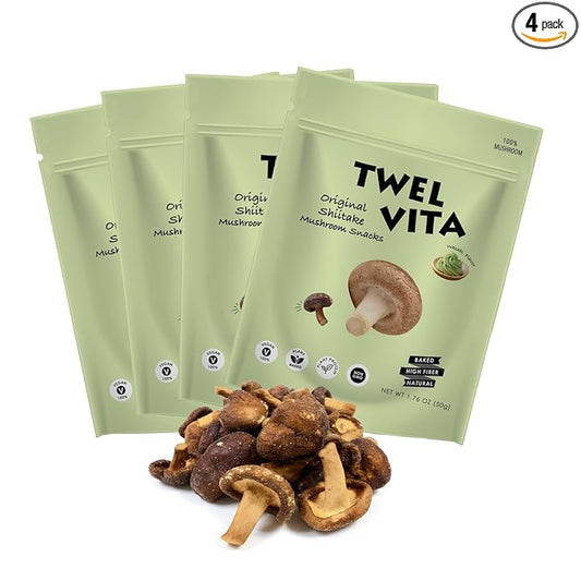 TwelVita Natural Baked Wasabi Shiitake Mushroom Crisps, Vegan Snacks, Clean Label, Non-GMO, Gluten-Free, 1.76 oz ea, Pack of 4