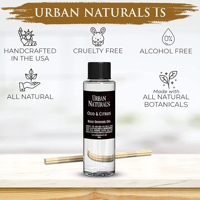 Urban Naturals Reed Diffuser Oil Refill, Oud & Citrus Diffuser Oils with Oud, Cedar, Citrus, Amber, 4 oz + Free Reed Sticks, Made in The USA