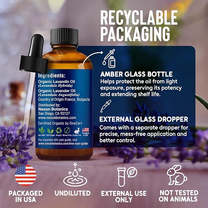Organic Lavender Essential Oil 30 ml - Pure, Natural Oils for Aromatherapy, Diffusers, DIY, Candle and Soap Making Scent - Nexon Botanics