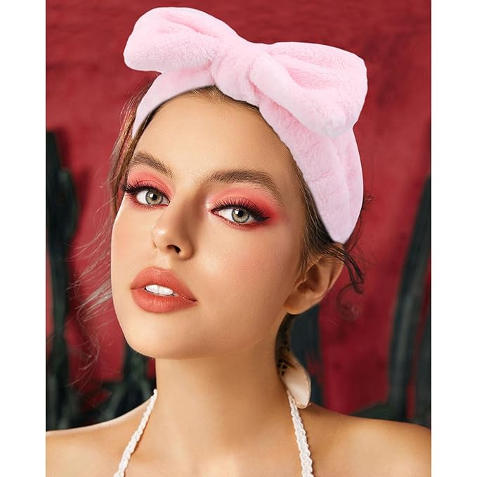 VELSCRUN Spa Headbands for Wash Face, Makeup Headband, Facial Skincare Headbands, 5 Pcs Pink Puffy Sponge Spa Headband Bow Tie Hair Band Hair Clips Wristband Set Women Girls Accessories