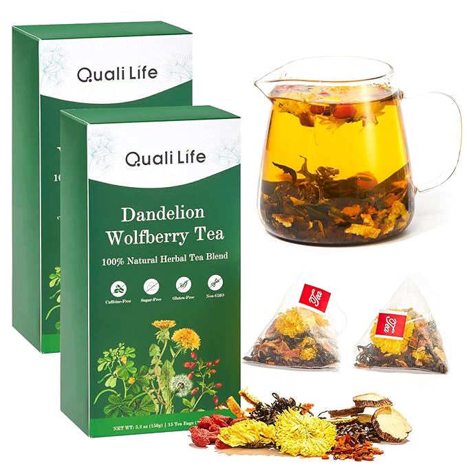 Dandelion Wolfberry Tea - Liver & Kidney Detox Herbal Tea, Summer Cleanse with Chrysanthemum, Wolfberry, Organic Dandelion Root, Cassia Seed, Licorice Chinese Herbal Tea Bag (2 Packs, Dandelion)