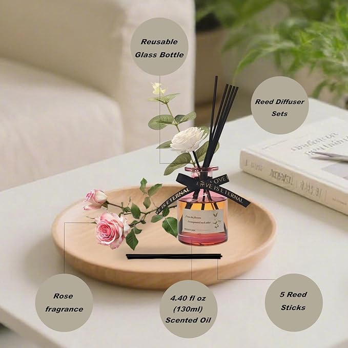 Reed Diffuser Essential Oil Set - Rose Fragrance Air Freshener (4.4 Fl Oz) for Home, Bathroom, Bedroom, Office Decor