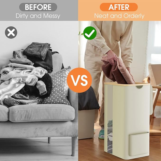 Laundry Basket Clothes Hamper with Lid and Pocket Large Collapsible Laundry Baskets with Handle, Freestanding Hampers for Bedroom Aesthetic, Dorm, Bathroom, Laundry Room (100L, Beige)