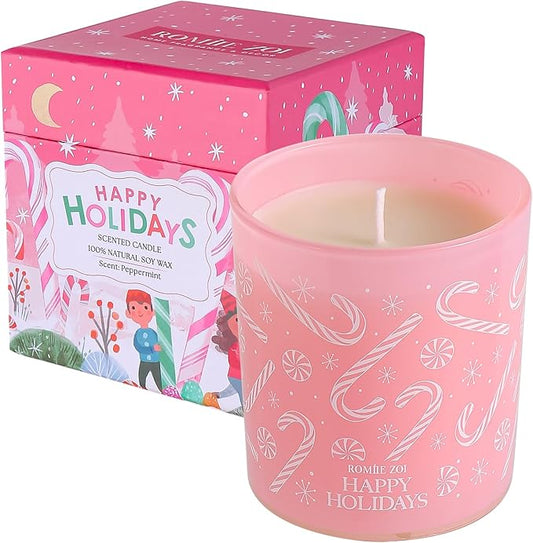 ROMIIE ZOI Christmas Scented Jar Candle - 6oz Soy Wax Candle - Happy Holidays Infused with Peppermint Aroma - with Beautiful Keepsake Box Special for Christmas/Holiday Gifts
