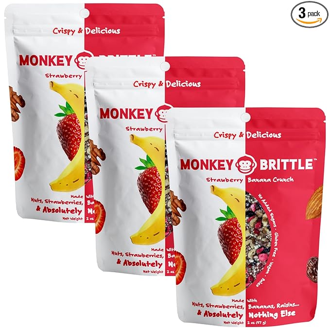 Monkey Brittle Healthy Snacks, Crispy Plant-Based Treats for Kids & Adults, Vegan & Gluten-Free, All-Natural Snack for School, Sports, Camping & On-the-Go (Pack of 3) Strawberry Banana Crunch