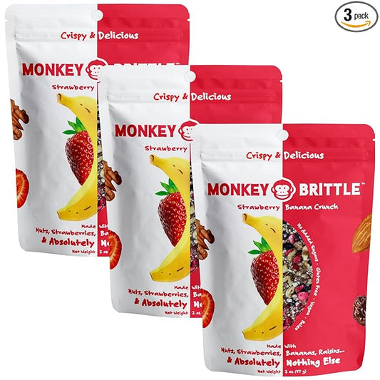 Monkey Brittle Healthy Snacks, Crispy Plant-Based Treats for Kids & Adults, Vegan & Gluten-Free, All-Natural Snack for School, Sports, Camping & On-the-Go (Pack of 3) Strawberry Banana Crunch