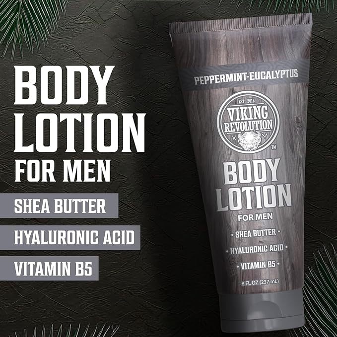 Viking Revolution Peppermint Eucalyptus Body Lotion for Men –Mens Lotion for Dry Skin with Shea Butter, Hyaluronic Acid and Vit B5 –Nourishing Mens Body Lotion for Hydrated and Smooth Skin(8oz,1 Pack)