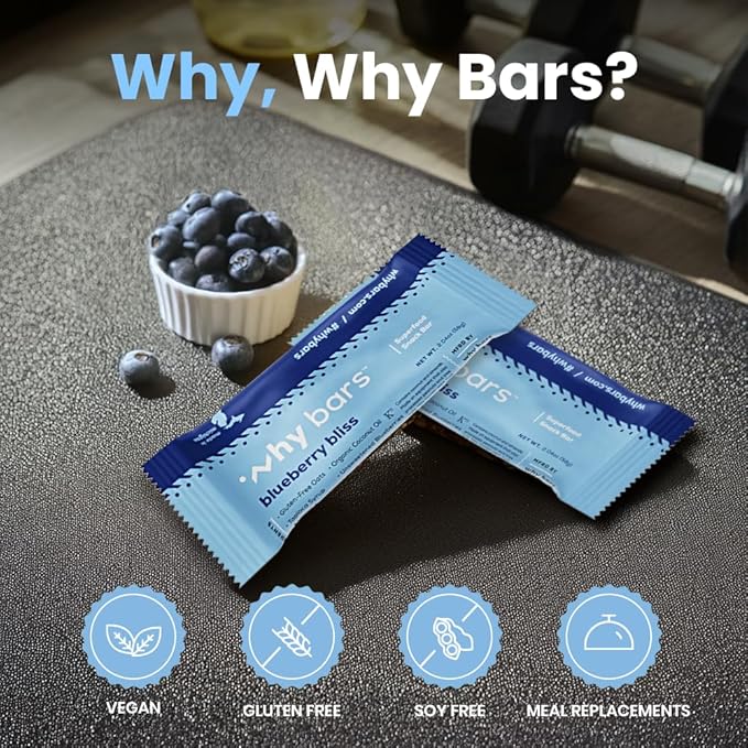 Why Bars, Protein Bars, Blueberry Bliss, 2.04 Ounce Bars (Pack of 12 Protein Bars) - Protein Bar Superfood, Gluten Free, Non GMO, Organic, Vegan, Simple Ingredients