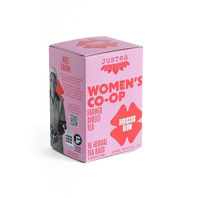JusTea HIBISCUS GLOW | Herbal Tea Bags, Caffeine-Free, Organic Hibiscus Tea | Fair-Trade | Plastic-Free Tea Bags | Vegan, Sugar-Free, Gluten-Free | 16 Tea Bags