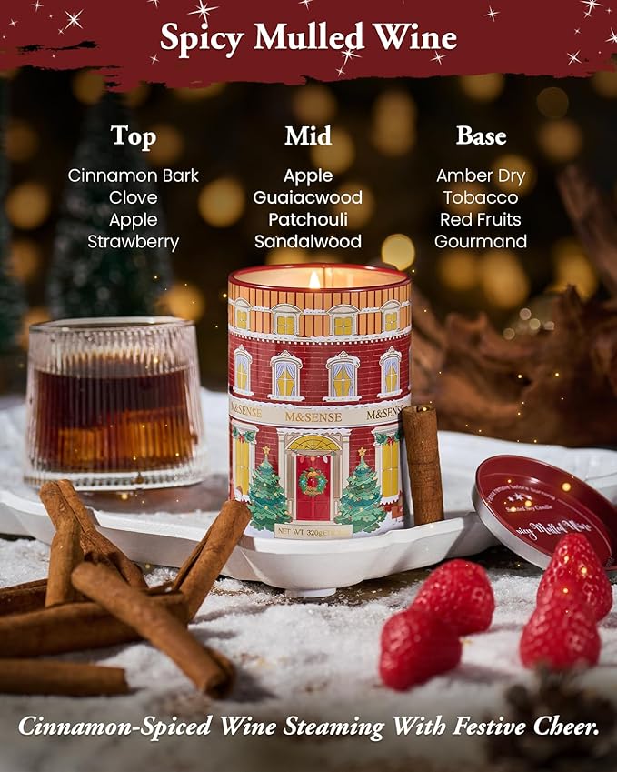 M&SENSE SpicyMulledWine Christmas Candles, Scented Candle for Stress Relief Meditation Relaxing, Housewarming Gifts for Women Men, 11.3oz 70 Hour Long Burning