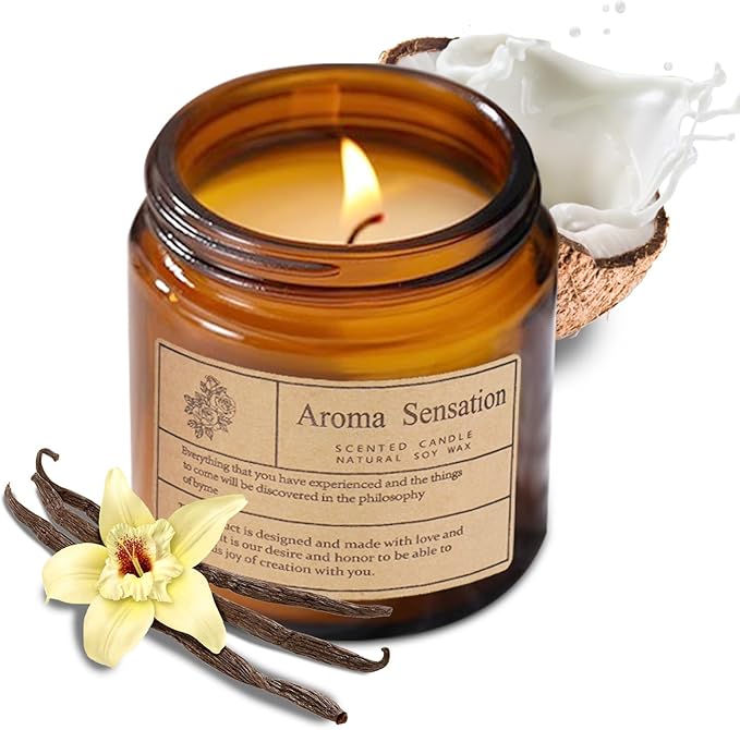 Organic Coconut Vanilla Candles - Non Toxic Soy Candles for Home, Stress Relief & Meditation (7oz)
