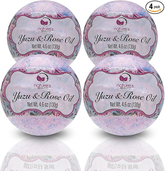 Nature's Beauty Yuzu & Rose Oil Bath Bomb Multi-Pack - Natural Hand Crafted, Non-Staining, Luxury Fizzy Spa Bomb, Nourish Dull + Dry Skin, Made w/Coconut Oil + Witch Hazel, 4.6 oz (4 Pack)