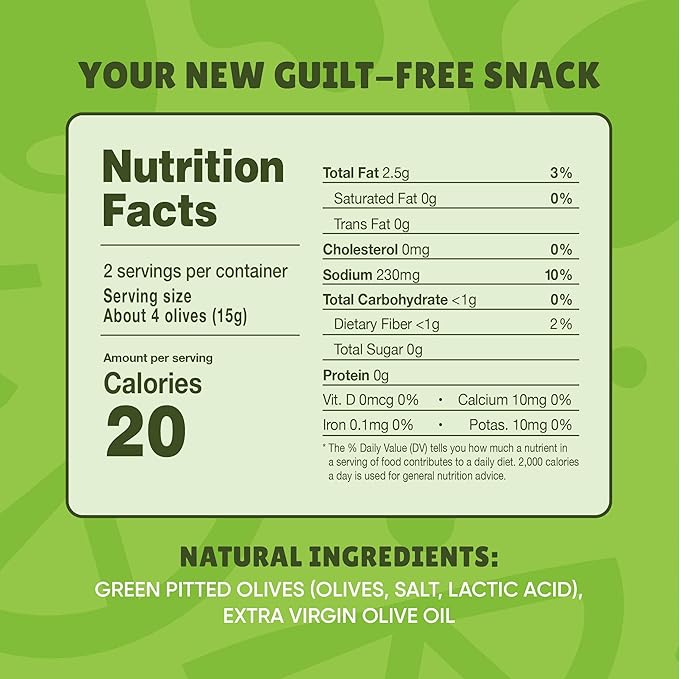 Freestyle Snacks Olive Snack Packs - Single Serve - Fresh Pitted Green Olives, Jumbo-Sized, Grown in Greece, All Natural, Non-GMO, Paleo, Sugar-Free, Keto, Salty Snack - Variety, 1.1oz (6 Pack)